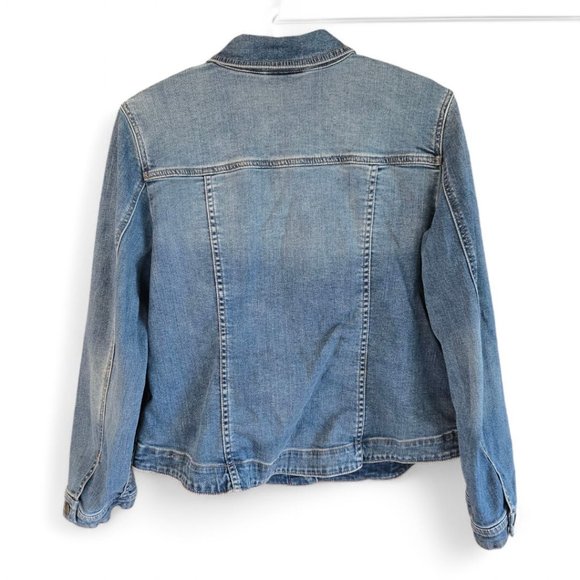 Chicos Size 2 Womens Medium Blue Denim Jacket Rounded Hem Lace Detail - Picture 3 of 10